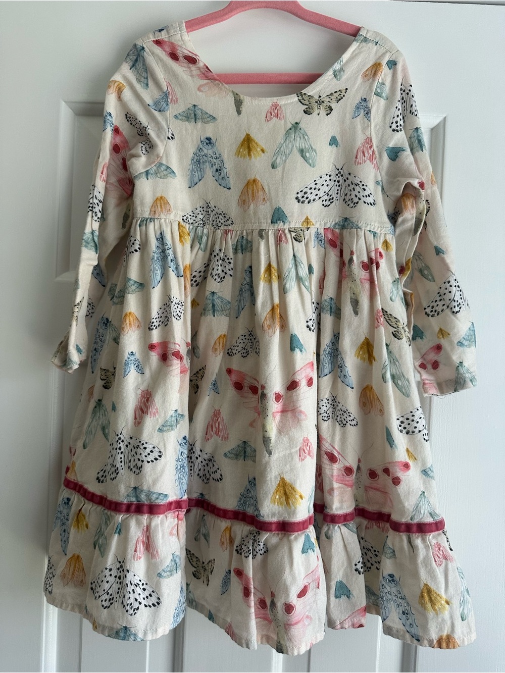 Pink Chicken Cream Moth & Butterfly Print Long Sleeve Dress with Pink Trim